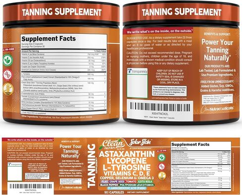 Solar Skin Astaxanthin Tanning Supplement Lycopene L-Tyrosine Vitamins A C D E, PABA Beta Carotene Selenium Grapeseed Extract Omega 3 Flax Seed Copper Capsules by Clea Nutra in Saudi Arabia