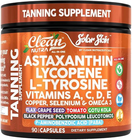 Solar Skin Astaxanthin Tanning Supplement Lycopene L-Tyrosine Vitamins A C D E, PABA Beta Carotene Selenium Grapeseed Extract Omega 3 Flax Seed Copper Capsules by Clea Nutra in Saudi Arabia