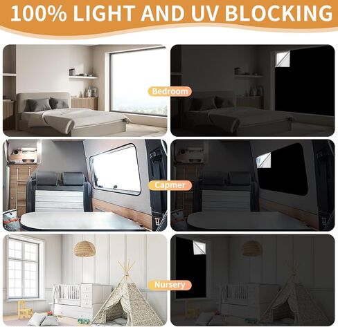 ستائر تعتيم 100% لغرفة النوم مقاس 57 × 118 بوصة، ظلال تعتيم قابلة للإزالة بدون حفر، غطاء نافذة أسود مؤقت محمول، ستائر سوداء للاستخدام في الحضانة أو النوم أو السفر أو المركبات الترفيهية أو المستأجر in Kuwait