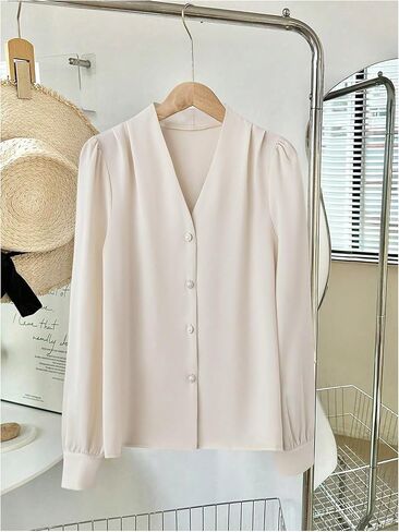 Women's V Neck Long Sleeve Shirt Button Down Business Casual Blouse Fall Tops in Saudi Arabia