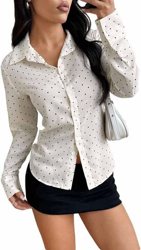 SweatyRocks Women's Polka Dots Button Down Shirt Long Sleeve Slim Fit Collared Shirt Tops in Saudi Arabia