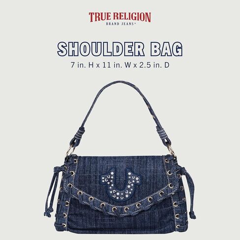 True Religion Studded Horseshoe Eyelet Denim Flap Bag, Crossbody Shoulder Handbag with Logo and Stud Details, Dark Denim in Saudi Arabia