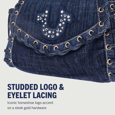 True Religion Studded Horseshoe Eyelet Denim Flap Bag, Crossbody Shoulder Handbag with Logo and Stud Details, Dark Denim in Saudi Arabia