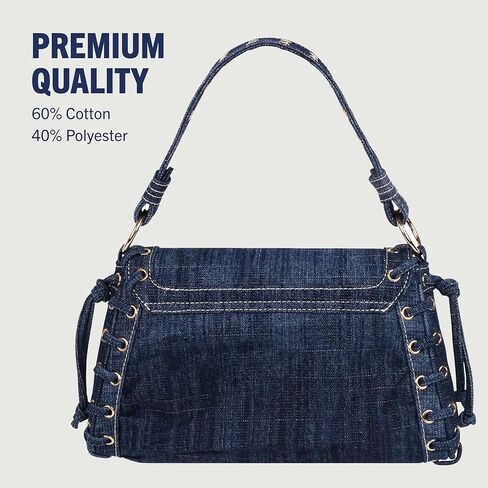 True Religion Studded Horseshoe Eyelet Denim Flap Bag, Crossbody Shoulder Handbag with Logo and Stud Details, Dark Denim in Saudi Arabia