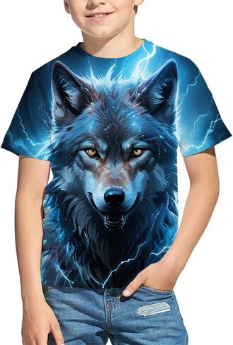 Kids 3D Print Graphic Tees Funny Wolf Short Sleeve T Shirts for Youth Boys Girls 4-14 Years in Saudi Arabia