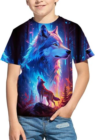 Kids 3D Print Graphic Tees Funny Wolf Short Sleeve T Shirts for Youth Boys Girls 4-14 Years in Saudi Arabia