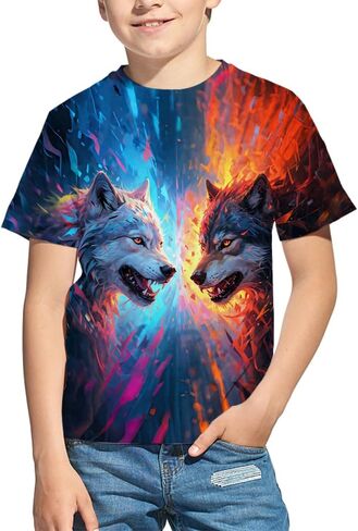 Kids 3D Print Graphic Tees Funny Wolf Short Sleeve T Shirts for Youth Boys Girls 4-14 Years in Saudi Arabia