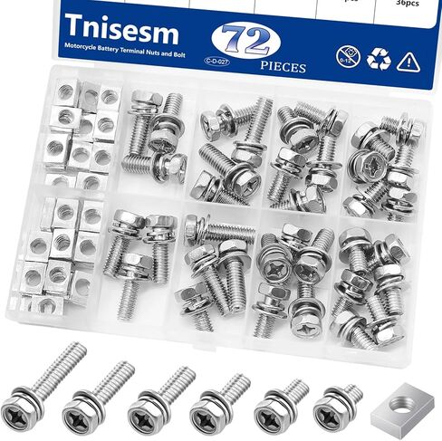 Tnisesm 72PCS Motorcycle Battery Terminal Bolts and Nuts Kit M6x10/12/14/16/18/20mm 304 Stainless Steel Battery Bolt with Square Nut for ATV Bike, Scooter Automotive Replacement Battery Terminals Ends in Saudi Arabia