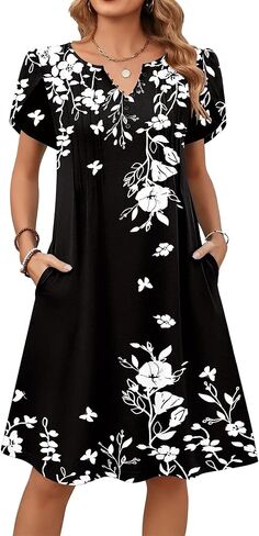 Zeagoo Women's Casual Dresses with Pockets Summer Floral V-Neck A-Line Tshirt Dress Short Sleeve Mini Dress Beach Sundress in Saudi Arabia