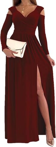 Women Long Sleeve Slit Maxi Long Dresses Deep V Neck Cold Shoulder Dress for Women Casual Fall Winter Evening Date in Saudi Arabia