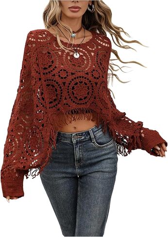 SHENHE Women's Hollow Out Crochet Fringe Crop Top Lightweight Knit Boho Western Sweater in Saudi Arabia