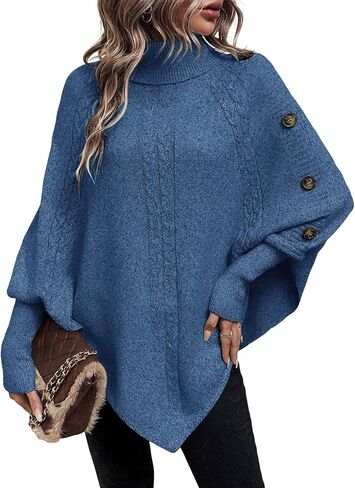 Urchics Casual Sweater Turtleneck Batwing Sleeve Button Detail Poncho Sweater in Saudi Arabia
