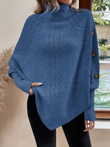 Urchics Casual Sweater Turtleneck Batwing Sleeve Button Detail Poncho Sweater in Saudi Arabia