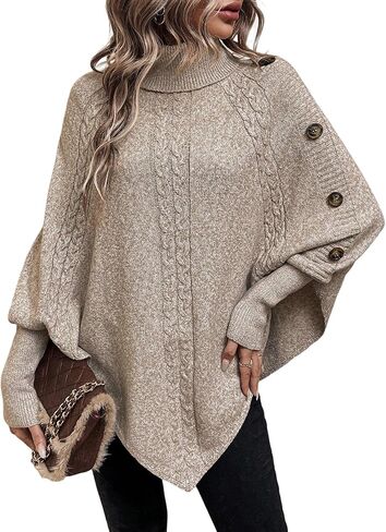 Urchics Casual Sweater Turtleneck Batwing Sleeve Button Detail Poncho Sweater in Saudi Arabia