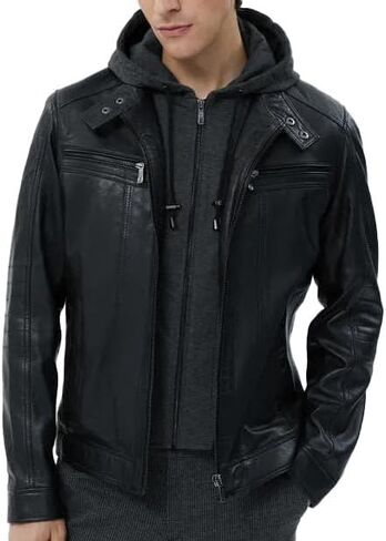 Men's Hooded Genuine Lambskin Leather Jackets Men - Motorcycle Leather Jacket With Removable Hood in Saudi Arabia