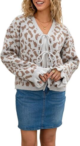 Womens 2026 Fall Winter Cardigans Sweater Cute Bow Tie Front Leopard Long Sleeve Knitted Top Y2k Fashion Clothes in Saudi Arabia