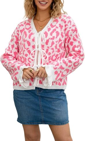 Womens 2026 Fall Winter Cardigans Sweater Cute Bow Tie Front Leopard Long Sleeve Knitted Top Y2k Fashion Clothes in Saudi Arabia