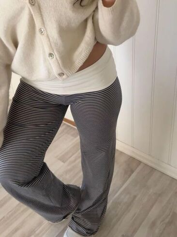 Women Y2k Fold Over Yoga Pants Colour Block Straight Leg Bottoms Low Rise Stretchy Lounge Trousers in Saudi Arabia