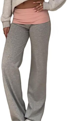 Women Y2k Fold Over Yoga Pants Colour Block Straight Leg Bottoms Low Rise Stretchy Lounge Trousers in Saudi Arabia