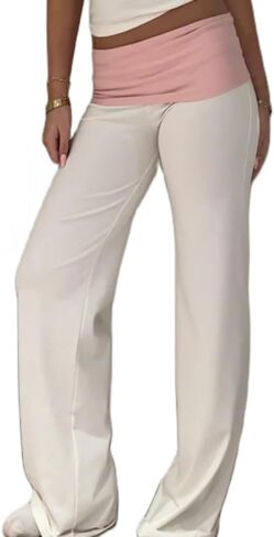 Women Y2k Fold Over Yoga Pants Colour Block Straight Leg Bottoms Low Rise Stretchy Lounge Trousers in Saudi Arabia