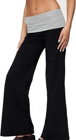 Women Y2k Fold Over Yoga Pants Colour Block Straight Leg Bottoms Low Rise Stretchy Lounge Trousers in Saudi Arabia