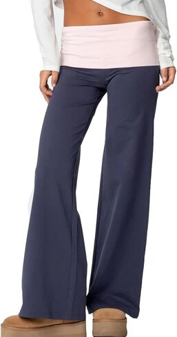 Women Y2k Fold Over Yoga Pants Colour Block Straight Leg Bottoms Low Rise Stretchy Lounge Trousers in Saudi Arabia