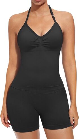 طقم تمرين قطعتين للنساء برقبة رسن بدون أكمام، طقم ملابس رياضية بخصر عالٍ in Kuwait