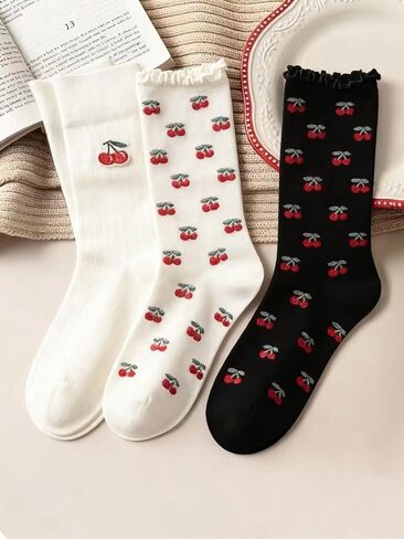 3-Pair Women's Cherry Fruit Crew Socks Set, Cute Novelty Ankle Socks in Saudi Arabia