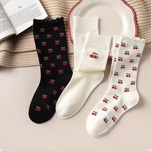 3-Pair Women's Cherry Fruit Crew Socks Set, Cute Novelty Ankle Socks in Saudi Arabia