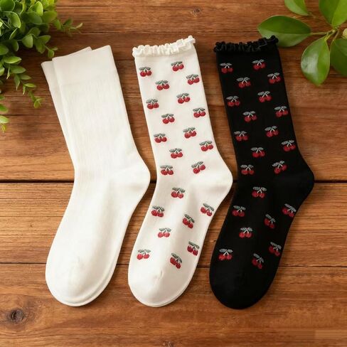 3-Pair Women's Cherry Fruit Crew Socks Set, Cute Novelty Ankle Socks in Saudi Arabia
