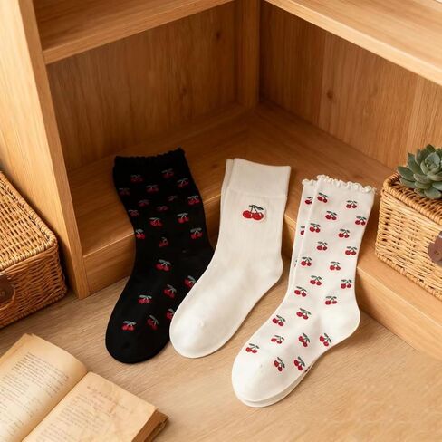 3-Pair Women's Cherry Fruit Crew Socks Set, Cute Novelty Ankle Socks in Saudi Arabia