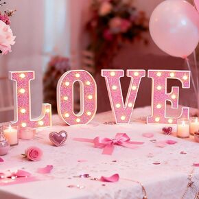 ديكورات عيد الحب - حروف مضيئة LED LOVE Marquee، لافتة على سطح الطاولة تعمل بالبطارية باللون الوردي اللامع للمنزل، والحفلات، والرف، وديكور الرف in Saudi Arabia