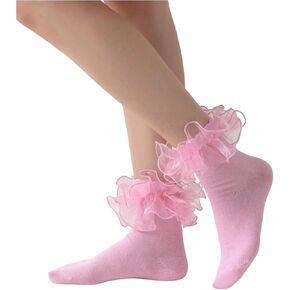 OYOANGLE Women's 1 Pair Pearl Beaded Sheer Ruffle Frilly Crew Socks Soft Comfortable Casual Sock Lolita Socks in Saudi Arabia