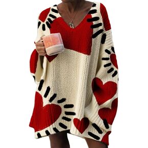Fun Heart Print Long Knit Sweater, Plus Size Women's V-Neck Printed Pullover, Fall Winter Fashion Top for Casual & Office in Kuwait