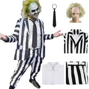 5 Pcs Black and White Striped Suit for Men Halloween Scary Cosplay Costume with Wig in Saudi Arabia
