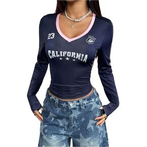 WDIRARA Women's Jersey Shirts Letter Graphic Tees V Neck Long Sleeve T Shirt Fitted Tops in Saudi Arabia