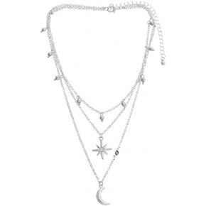 Celestial Layered Necklace For Women Three Tier Star Moon Charm Choker Dual Color Options Gold Silver Dainty Adjustable Lightweight Fashion Party in Saudi Arabia