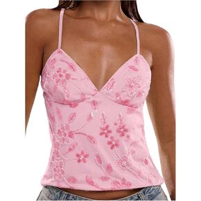 SOLY HUX Women's Y2k Sequin Cami Top V Neck Spaghetti Strap Criss Cross Backless Going Out Tops Party Clubwear in Saudi Arabia