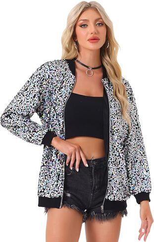 Allegra K Sequined Shiny Jackets for Women's Long Sleeve Party Zipper Blazer Bomber Jacket in Saudi Arabia