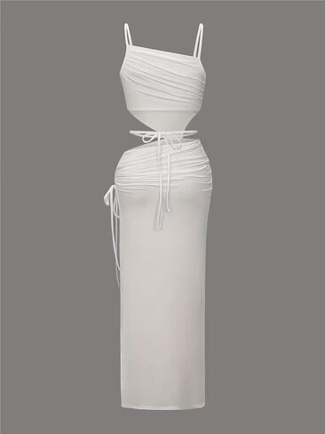 Women's Dresses Backless Summer Beach Casual Hollow Tie Up Slip Dress Low Cut Sleeveless Slim-fit Maxi Dress (Large) White in Saudi Arabia