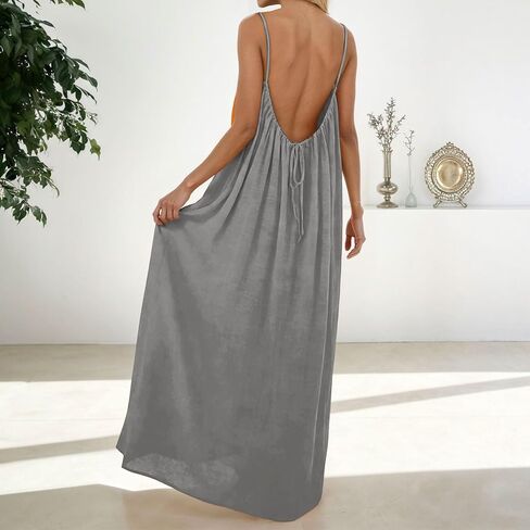 Womens Backless Cami Dress Summer Sleeveless Spaghetti Strap Flowy Dress Long Sundress with Back Tie in Saudi Arabia