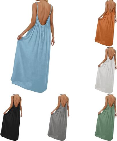 Womens Backless Cami Dress Summer Sleeveless Spaghetti Strap Flowy Dress Long Sundress with Back Tie in Saudi Arabia