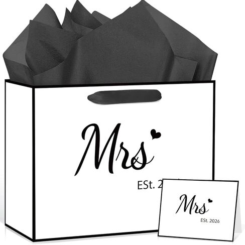EST 2025 Wedding Gifts Bag Bridal Shower Gift Bags White Black Engagement Mr & Mrs Gifts Bag with Tissue Paper Card Wedding Gift Wrapping Paper Bag Anniversary Wedding Shower Gift Bag for Couple in Kuwait
