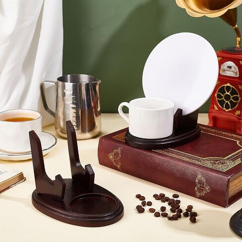 PH PandaHall 2 قطعة كوب شاي خشبي وصحن عرض حامل، بني كوب واحد عرض حامل الصحون الخشبي رفوف منظم لطاولة المطبخ لوحة فنية ديكور، 5.9x3.8x4.4 بوصة in Kuwait