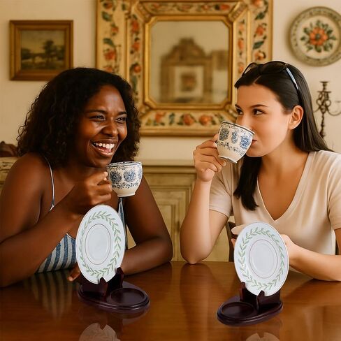 PH PandaHall 2 قطعة كوب شاي خشبي وصحن عرض حامل، بني كوب واحد عرض حامل الصحون الخشبي رفوف منظم لطاولة المطبخ لوحة فنية ديكور، 5.9x3.8x4.4 بوصة in Kuwait