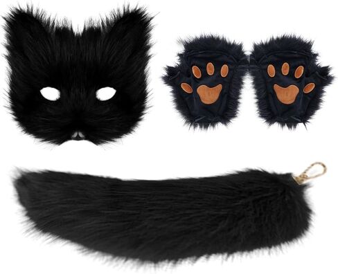 4 Pcs Faux Fur Fox Tail Cat Wolf Cosplay Costume Set, Therian Mask Glove and Tail Set for Halloween Christmas Party, a Fox Mask a Pair of Paws Gloves and a Furry Tail, Black in Saudi Arabia
