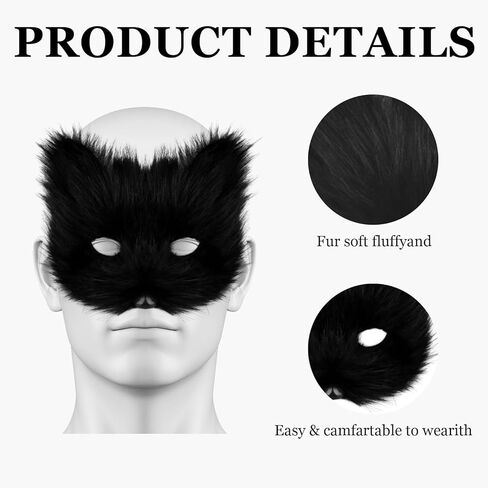 4 Pcs Faux Fur Fox Tail Cat Wolf Cosplay Costume Set, Therian Mask Glove and Tail Set for Halloween Christmas Party, a Fox Mask a Pair of Paws Gloves and a Furry Tail, Black in Saudi Arabia