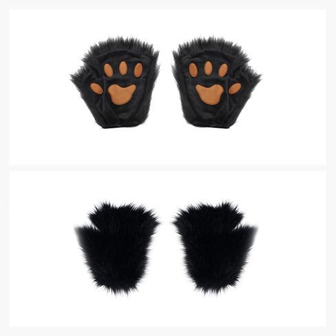 4 Pcs Faux Fur Fox Tail Cat Wolf Cosplay Costume Set, Therian Mask Glove and Tail Set for Halloween Christmas Party, a Fox Mask a Pair of Paws Gloves and a Furry Tail, Black in Saudi Arabia