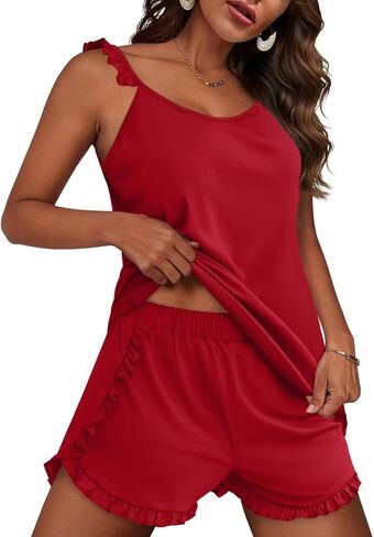 JUSTFASHIONNOW طقم بيجامات كامي مكشكش للسيدات طقم شورت صيفي طقم صالة ملابس داخلية ناعمة مكونة من قطعتين ملابس نوم Pjs in Kuwait