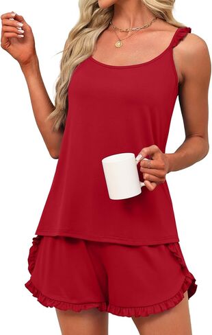 JUSTFASHIONNOW طقم بيجامات كامي مكشكش للسيدات طقم شورت صيفي طقم صالة ملابس داخلية ناعمة مكونة من قطعتين ملابس نوم Pjs in Kuwait